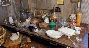 lot 49 image: Table Full of Vintage Glassware and Decor