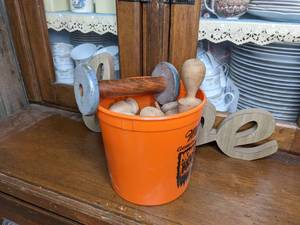 lot 60 image: Wood Finials, Spool and Love Sign