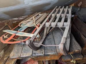 lot 509 image: (2) Vintage Wood Sleds with Metal Runners