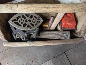lot 702 image: Vintage Wood Toolbox Filled with Assorted Items