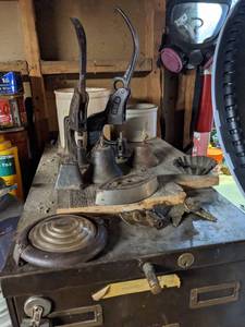 lot 725 image: Assorted Antique Items Rex Rivet Tools, Bells, Finials, Iron