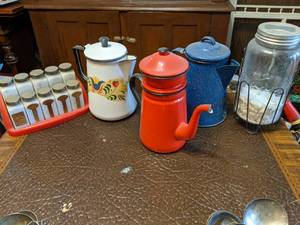 lot 273 image: Set of 3 Enameled Kettles, Milk Glass Spice Rack, and Sugar Jar