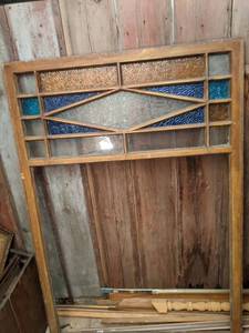 lot 775 image: Wood Framed Maybe Door with Stained Glass Upper Portion