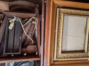 lot 777 image: Two Boxes of Frames and Woodworking Pieces