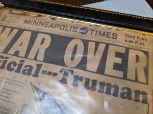 lot 786 image: War Over Framed Minneapolis Daily Times from Aug 14, 1945