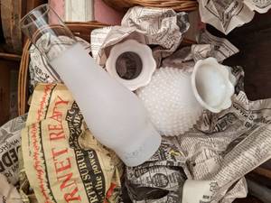 lot 761 image: Frosted Glass and Hobnail Milk Glass Lamp Shades