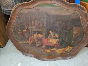 lot 759 image: Antique Wood Serving Tray with Victorian Scene