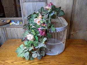 lot 92 image: Metal Birdcage with Artificial Flowers