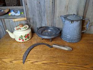 lot 98 image: Vintage Sickle, Teapot, Pitcher and Footed Dish