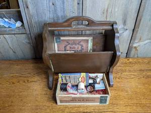 lot 435 image: Vintage Wood Magazine Rack & Sewing Notions