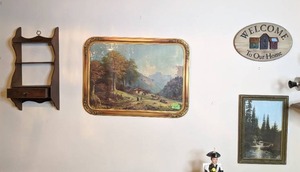 lot 458 image: (2) Framed Vintage Prints, Wood Shelf and Sign