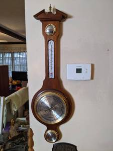 lot 460 image: Banjo Style Barometer Wall Clock w Temperature Gauge