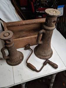 lot 182 image: (2) Antique Jack Stands, Wood Toolbox and Hand Drill