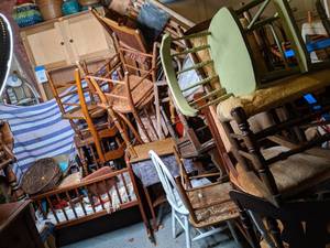 lot 191 image: Large Lot of Wood Chairs, Crib, Table