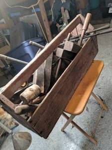 lot 111 image: Antique Wood Toolbox Filled with Tools