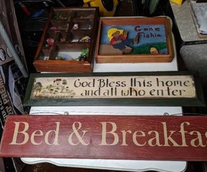 lot 122 image: (3) Wood Signs and (1) Wood Shadow Box