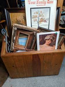 lot 148 image: Wood Box Filled with Frames and Decor