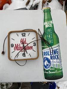 lot 902 image: Vintage 1980s Old Milwaukee Beer Light Up Clock & Rolling Rock Thermometer Wall Hanging