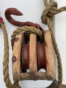 lot 953 image: Large Vintage Two Wheel Block Pulley with Hook