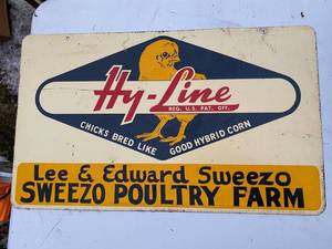 lot 958 image: Vintage Metal Hy-Line Chickens Personalized Farm Advertising Sign