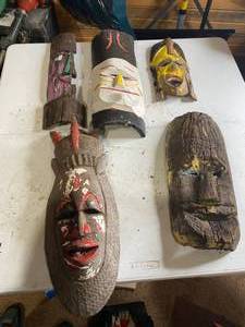 lot 974 image: (5) Carved Wood Masks