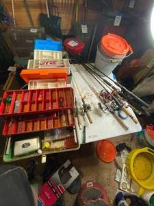 lot 991 image: Assorted Rods, Reels, Lures and Tackle Boxes