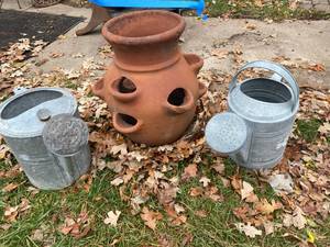 lot 372 image: Terracotta Strawberry Pot and 2 Watering Cans