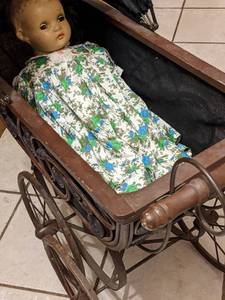 lot 307 image: Fancy Wood and Fabric Baby Buggy with Doll