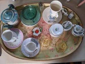 lot 323 image: Serving Platter & Assorted Teacups, Saucers, and Pot