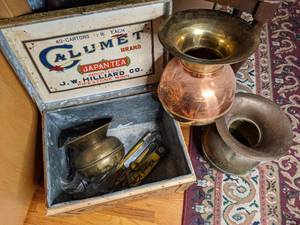 lot 359 image: (3) CopperBrass Spitoons & Calumet Tea Box