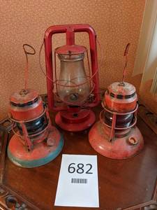 lot 682 image: (3) Red Vintage Lanterns