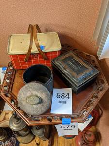 lot 684 image: Vintage Picnic Basket, Tin and Cash Box