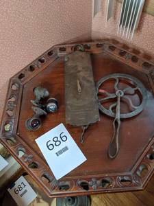 lot 686 image: Antique Iron Wheelwrights Traveler Tool, Brass Milk Scale and Automotive Lights