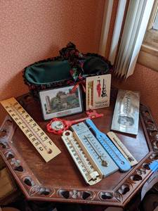 lot 691 image: Assorted Mercury Thermometers & Basket
