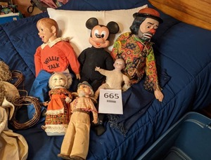 lot 665 image: Vintage Willie Talk Ventriloquist Dummy & Other Dolls