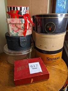 lot 617 image: Assorted Vintage Hat Boxes, Hats and Kerchiefs