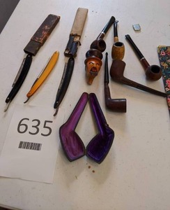 lot 635 image: Assorted Vintage Pipes and Straight Razors