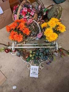 lot 639 image: Wrought Iron Shelf and Faux Floral Goods