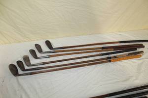 lot 3 image: Lot of (6) Vintage Wood Shafted Golf Clubs - Lowe&Campbell Special Putter, H&B Hand Made 1M Mashie, Marathon Ladies 5 Mashie, Macgregor Big G Niblick, Fairy Crest Putter, Wright&Ditson Iron