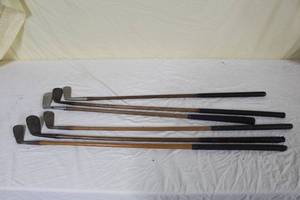 lot 2 image: Lot of (6) Vintage Wood Shafted Golf Clubs - Macgregor Putting Cleek, Wilson Mashie, Invincible 51M1 Mid Iron, Macgregor C Niblick, Wright&Ditson 11 Iron, Mid Iron