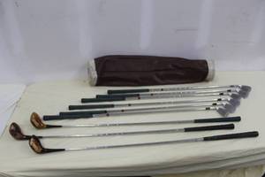 lot 6 image: Lot of (9) Macgregor Golf Woods and Hogan Golf Irons Golf Clubs with Golf Club Case -R75W 3 Wood, R75W 4 Wood, Tourney M1TW 3 Wood, 3 Iron, 4 Iron, 5 Iron, 6 Iron, 7 Iron, 9 Iron