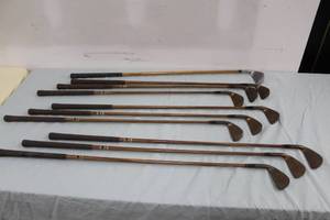 lot 7 image: Lot of (10) Vintage Bob Jones Wood Shafted Golf Clubs - 3 Iron, 4 Iron, 5 Iron, 6 Iron, 7 Iron, 8 Iron, 9 Iron, Sand Wedge, Putter, Sand Wedge