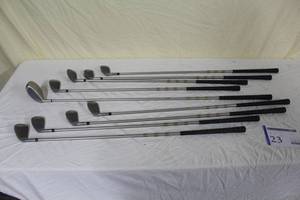 lot 23 image: Lot of (9) La Jolla Lady Accent Golf Clubs - 3 Iron, 4 Iron, 5 Iron, 6 Iron, 7 Iron, 8 Iron, 9 Iron, Sand Wedge, Pitching Wedge, Driver