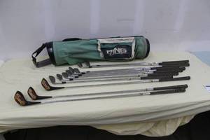 lot 32 image: Lot of (11) Titleist Tour Model Golf Clubs - 3 Iron, 4 Iron, 5 Iron, 6 Iron, 7 Iron, 8 Iron, 9 Iron, Pitching Wedge, Oil Hardened 1 Wood, 3 Wood, 4 Wood, Ping Golf Club Bag