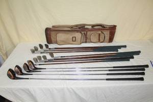 lot 37 image: Lot of (13) MacGregor Jimmy Demaret Pacemaker Golf Clubs - 2 Iron, 2 Iron, 3 Iron, 4 Iron, 5 Iron, 6 Iron, 7 Iron, 8 Iron, 9 Iron, 1 Wood, S Wood, S Wood, B Wood, Golf Club Bag