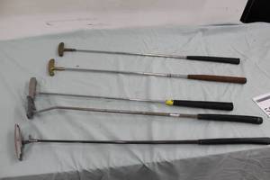 lot 50 image: Lot of (5) Golf Putters - Spalding Center Line, RAM Zebra, Ping Zing2, Bullseye Brass (x2)