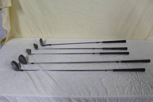 lot 65 image: Lot of (5) Golf Clubs - Mercury II 21-Degree Wide Body, Taylor Made Tour Driver 8.5-degree Loft, Bantam Golf E-Club Type II Jigger 19-degree, Executive P, Executive C