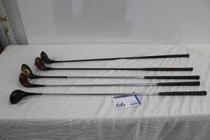 lot 66 image: Lot of (5) Fancy Face Golf Woods - 4300 Driver, MacGregor Tourney 3 Wood (x2), World Win Spoon, SHX Brassie
