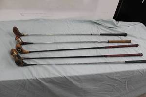 lot 76 image: Lot of (5) Fancy Face Golf Woods - Wilson Walker Cup Driver, Hogan 3 Wood, MacGregor Finesse 3 Wood, Wilson Walker Cup Spoon, Kenneth Smith Hand Made