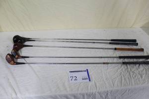 lot 72 image: Lot of (5) Golf Woods - MacGregor Finesse 1 Wood, Hogan 1 Wood, Hogan Apex 3 Wood, First Flight 4 Wood, Hogan 5 Wood